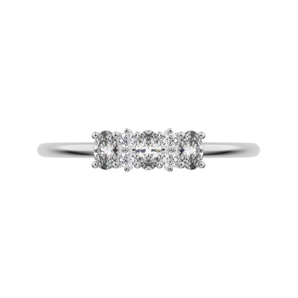0.34Ct Oval Cut Simulated Clear Diamond Minimalist Three-stone with accent Stackable simple 14K / 18K Solid White Gold everyday ring
