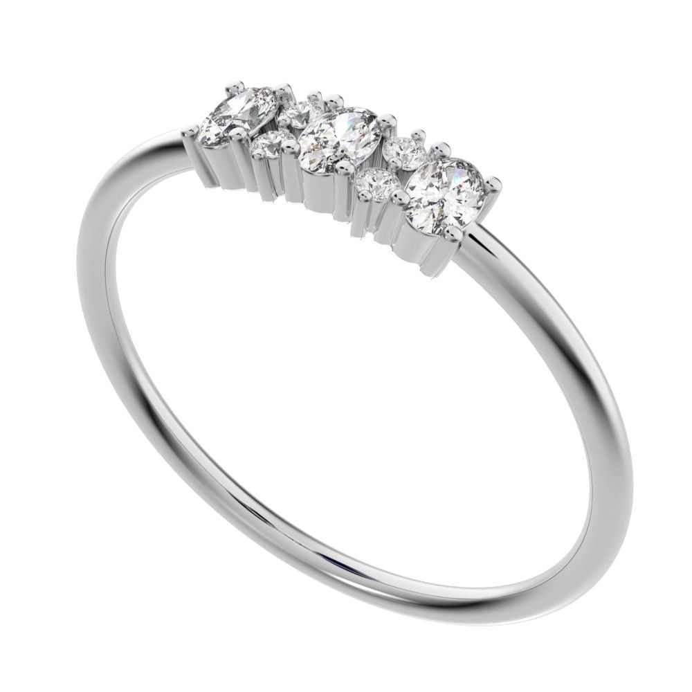 0.34Ct Oval Cut Simulated Clear Diamond Minimalist Three-stone with accent Stackable simple 14K / 18K Solid White Gold everyday ring