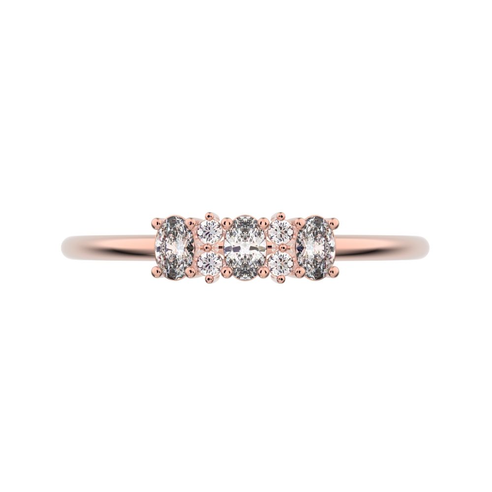 0.34Ct Oval Cut Simulated Clear Diamond Minimalist Three-stone with accent Trilogy Stackable simple 14K / 18K Solid Rose Gold everyday ring