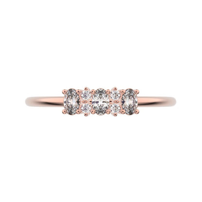 0.34 ct Oval Cut Moissanite dainty Minimalist Three-stone with accent Trilogy Stackable simple 14K / 18K Solid Rose Gold everyday ring