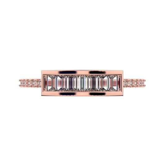 0.47Ct Baguette Cut Moissanite Minimalist Channel Horizontal bar pave Stackable light 14K / 18K Solid Rose Gold everyday wedding band