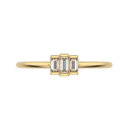 0.16 ct Baguette Cut Simulated Clear Diamond dainty Minimalist Stackable 3 stone simple light 14K / 18K Solid Yellow Gold everyday ring