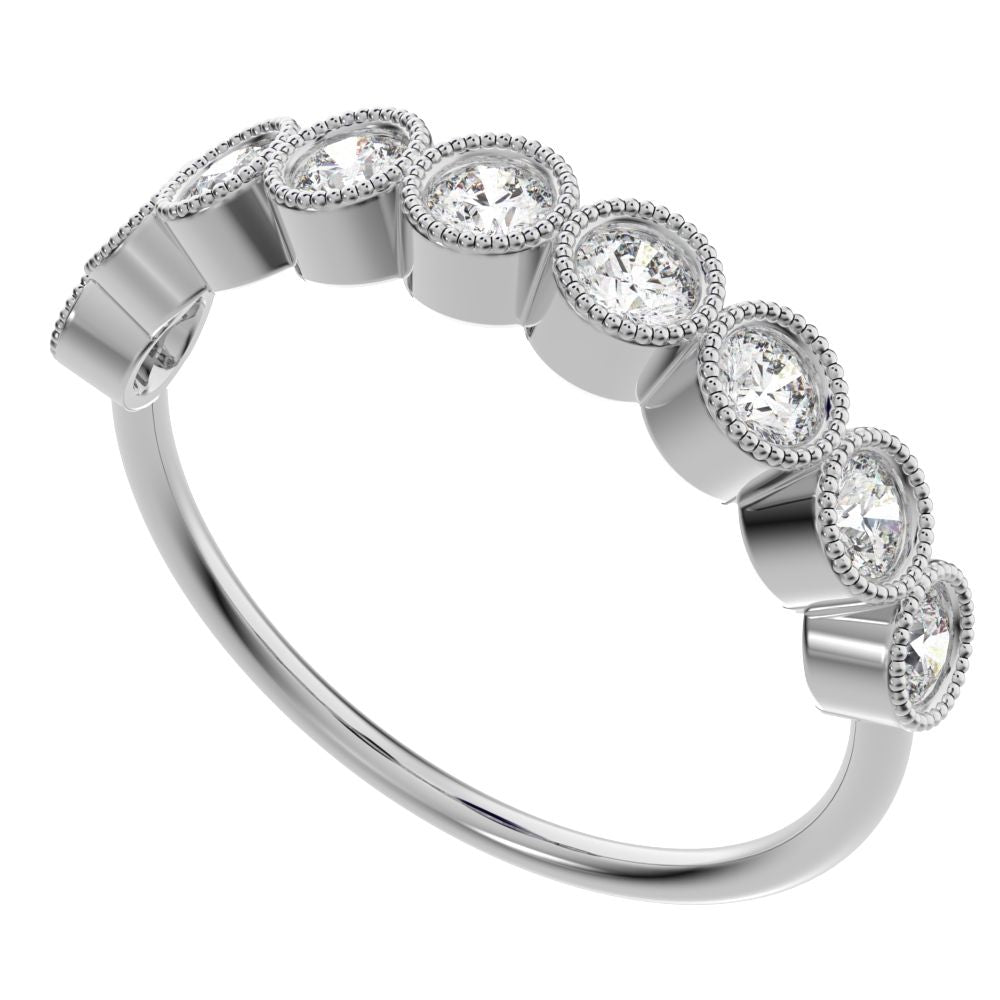 0.54Ct Round Cut VS/GH Natural Diamond Stackable half eternity milgrain simple light 14K / 18K Solid White Gold everyday wedding band