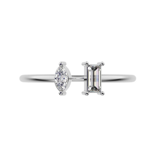 0.24Ct Marquise Cut Simulated Clear Diamond adjustable Toi et Moi Dual stone Stackable 14K / 18K Solid White Gold everyday wedding band