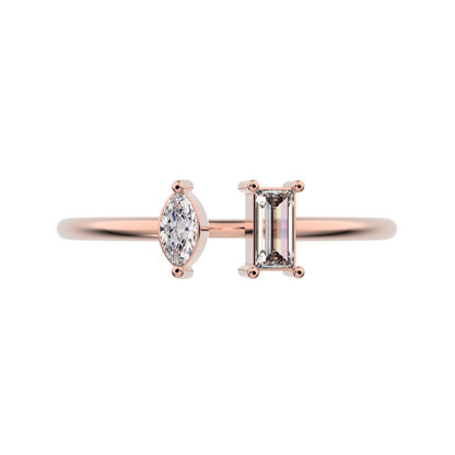 0.24Ct Marquise Cut Moissanite dainty Minimalist adjustable Toi et Moi Dual stone Stackable 14K / 18K Solid Rose Gold everyday wedding band