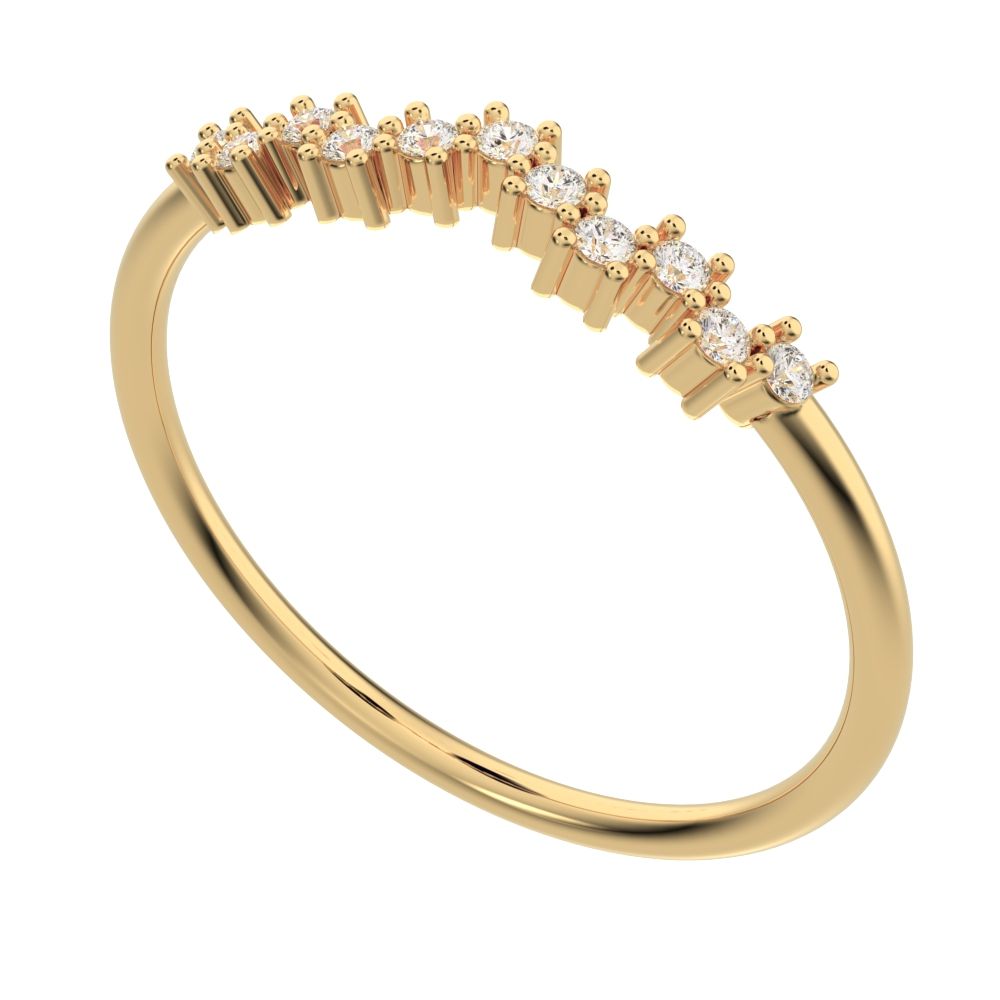 0.11 ct Round Cut Moissanite dainty Minimalist Stackable chevron curved 14K / 18K Solid Yellow Gold everyday wedding band