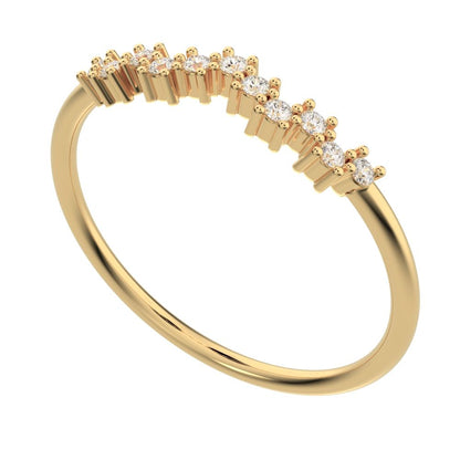 0.11 ct Round Cut Moissanite dainty Minimalist Stackable chevron curved 14K / 18K Solid Yellow Gold everyday wedding band