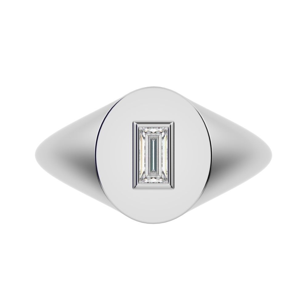 0.14 ct Baguette Cut Simulated Clear Diamond dainty Minimalist solitaire signet 1 stone bezel 14K / 18K Solid White Gold everyday ring
