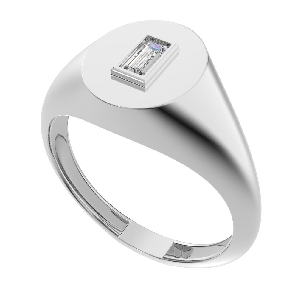 0.14 ct Baguette Cut Simulated Clear Diamond dainty Minimalist solitaire signet 1 stone bezel 14K / 18K Solid White Gold everyday ring