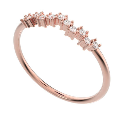 0.11 ct Round Cut Moissanite dainty Minimalist Stackable chevron curved 14K / 18K Solid Rose Gold everyday wedding band