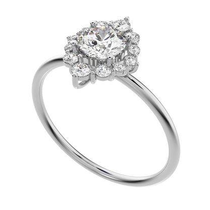 0.72 ct Round Cut Simulated Clear Diamond dainty Minimalist halo solitaire with accents simple 14K / 18K Solid White Gold everyday ring