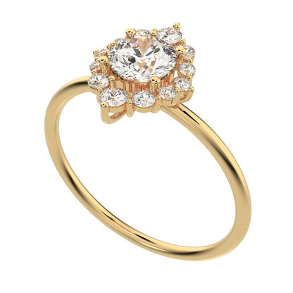 0.72 ct Round Cut Simulated Clear Diamond dainty Minimalist halo solitaire with accents simple 14K / 18K Solid Yellow Gold everyday ring