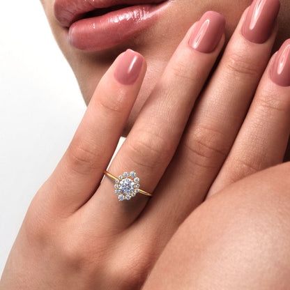 0.72 ct Round Cut Simulated Clear Diamond dainty Minimalist halo solitaire with accents simple 14K / 18K Solid Yellow Gold everyday ring