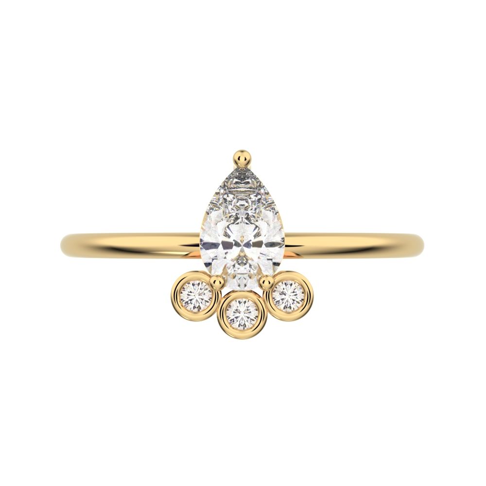 0.435 ct Pear Cut Simulated Clear Diamond dainty Minimalist vertical pyramid bezel 2 stone eye 14K / 18K Solid Yellow Gold everyday ring