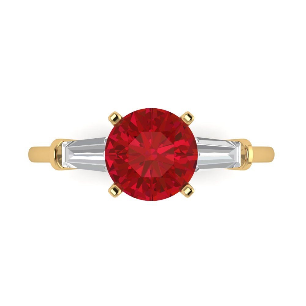 2 ct Brilliant Round Cut Designer Genuine Flawless Simulated Ruby 14K 18K Yellow Gold Three-Stone Ring
