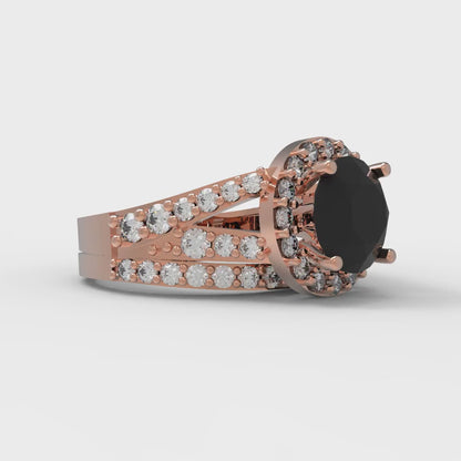 2.32 cttw Round Cut Natural Onyx Bridal Set - Solid Rose Gold Engagement Ring & Wedding Band