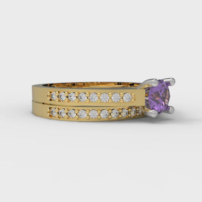 0.86 cttw Round Cut Simulated Alexandrite Bridal Set - Solid Yellow/White Gold Engagement Ring & Wedding Band