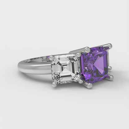 4 cttw Simulated Alexandrite Three-Stone Engagement Ring - Solid Gold (Square Emerald Cut,7.0X7.0mm)
