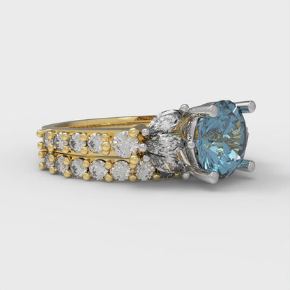 2.94 cttw Round Cut Natural Aquamarine Bridal Set - Solid Yellow/White Gold Engagement Ring & Wedding Band
