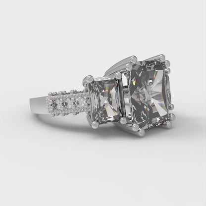 4.27 cttw White Sapphire Three-Stone Engagement Ring - Solid Gold (Emerald Cut,9x7mm)