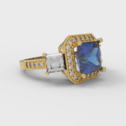 3.005 cttw Simulated Tanzanite Three-Stone Engagement Ring - Solid Gold (Princess Cut,7.0mm)