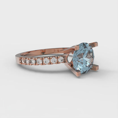 1.71 cttw Natural Aquamarine Solitaire with Zirconia Simulated Diamond Accents Engagement Ring - Solid Rose Gold (VVS1, Round Cut,7.5mm)