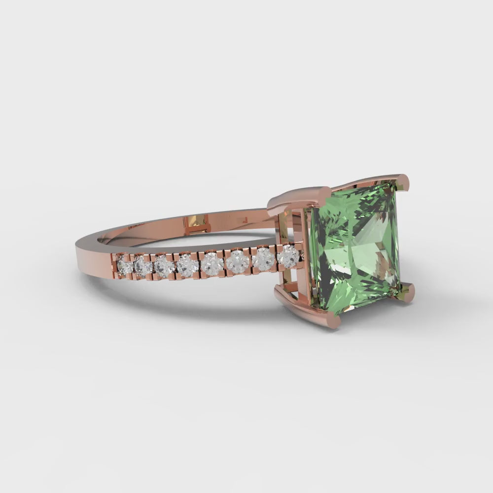 1.62 cttw Zirconia Simulated Green Diamond Solitaire with Zirconia Simulated Diamond Accents Engagement Ring - Solid Gold (VVS1, Princess Cut,6.5mm)