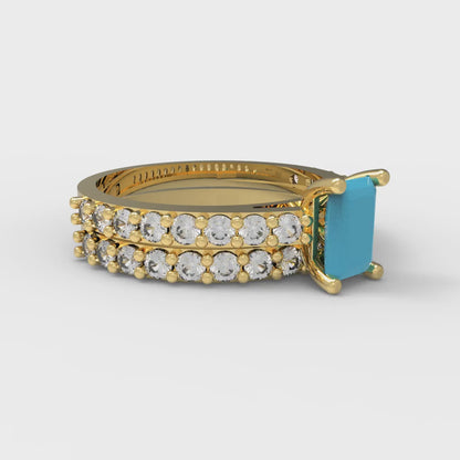 1.325 cttw Emerald Cut Simulated Turquoise Bridal Set - Solid Yellow Gold Engagement Ring & Wedding Band