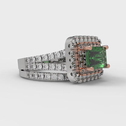 3.05 cttw Emerald Cut Simulated Emerald Bridal Set - Solid White/Rose Gold Engagement Ring & Wedding Band