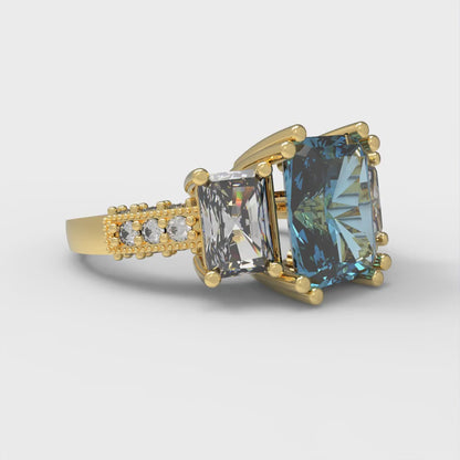 4.27 cttw Natural Aquamarine Three-Stone Engagement Ring - Solid Gold (Emerald Cut,9x7mm)