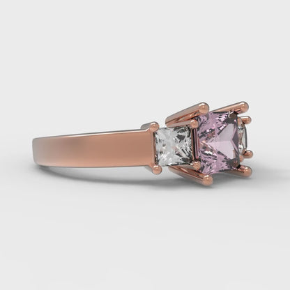 1.11 cttw Zirconia Simulated Pink Diamond Three-Stone Engagement Ring - Solid Rose Gold (VVS1, Princess Cut,5.0mm)