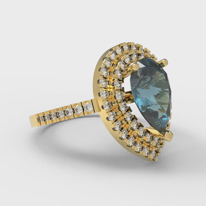 2.48 cttw Natural London Blue Topaz Hidden Halo Engagement Ring - Solid Yellow Gold (VVS1, Pear Cut,10X7mm )