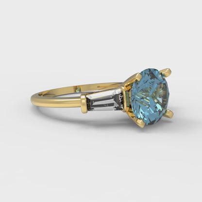 2 cttw Zirconia Simulated Blue Diamond Three-Stone Engagement Ring - Solid Yellow Gold (VVS1, Round Cut,7.5mm)