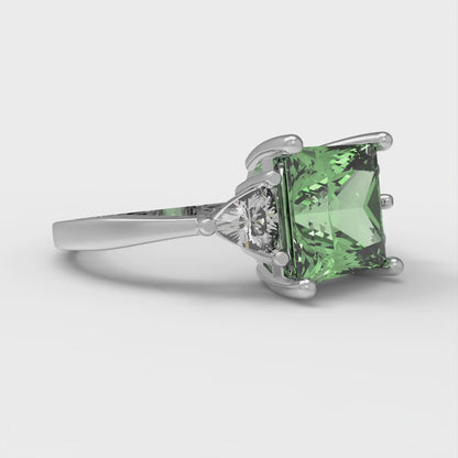 2.32 cttw Zirconia Simulated Green Diamond Three-Stone Engagement Ring - Solid White Gold (VVS1, Princess Cut,7.0mm)
