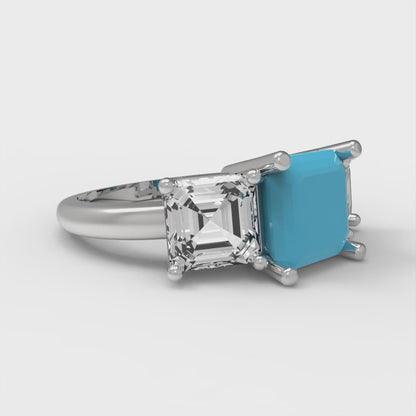 4 cttw Simulated Turquoise Three-Stone Engagement Ring - Solid Gold (Square Emerald Cut,7.0X7.0mm)