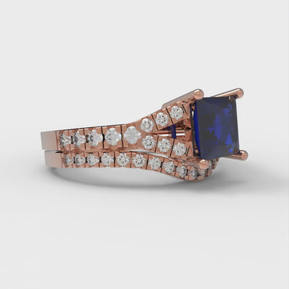 3.4 cttw Princess Cut Simulated Blue Sapphire Bridal Set - Solid Rose Gold Engagement Ring & Wedding Band