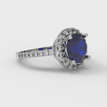 1.8 cttw Simulated Blue Sapphire Hidden Halo Engagement Ring - Solid Gold (Round Cut,7.5mm)