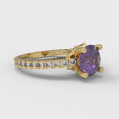 1.465 cttw Natural Amethyst Solitaire with Zirconia Simulated Diamond Accents Engagement Ring - Solid Gold (Round Cut,6.5mm)