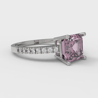 2.7 cttw Zirconia Simulated Pink Diamond Solitaire with Zirconia Simulated Diamond Accents Engagement Ring - Solid White Gold (VVS1, Asscher Cut,6.5mm)