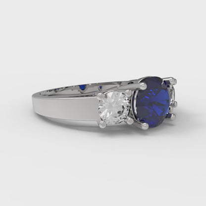 1.5 cttw Simulated Blue Sapphire Three-Stone Engagement Ring - Solid Gold (Round Cut,6.5mm)