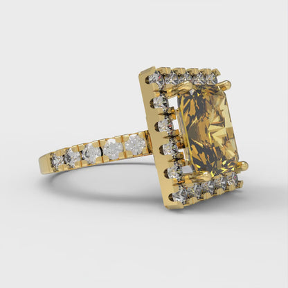 3.84 cttw Natural Citrine Solitaire with Zirconia Simulated Diamond Accents Engagement Ring - Solid Yellow Gold (VVS1, Emerald Cut,9x7mm)