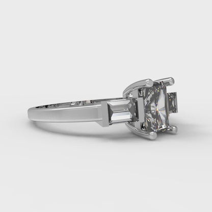 0.8 cttw White Sapphire Three-Stone Engagement Ring - Solid White Gold (VVS1, Emerald Cut,6x4mm)