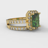 2.07 ct Brilliant Emerald Cut Simulated Emerald Stone Yellow Gold Halo Solitaire with Accents Ring