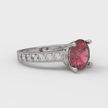 2.3 cttw Simulated Ruby Solitaire with Zirconia Simulated Diamond Accents Engagement Ring - Solid White Gold (VVS1, Round Cut,8.0mm)