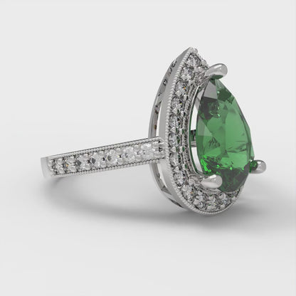2.36 cttw Simulated Emerald Hidden Halo Engagement Ring - Solid Gold (Pear Cut,10x7mm)