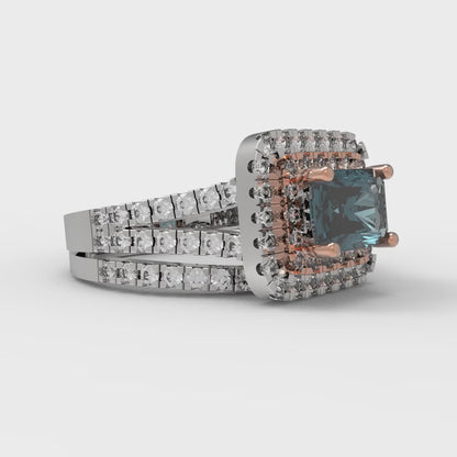 3.05 cttw Emerald Cut Natural London Blue Topaz Bridal Set - Solid White/Rose Gold Engagement Ring & Wedding Band