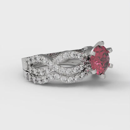 1.57 cttw Round Cut Simulated Pink Tourmaline Bridal Set - Solid White Gold  Engagement Ring & Wedding Band