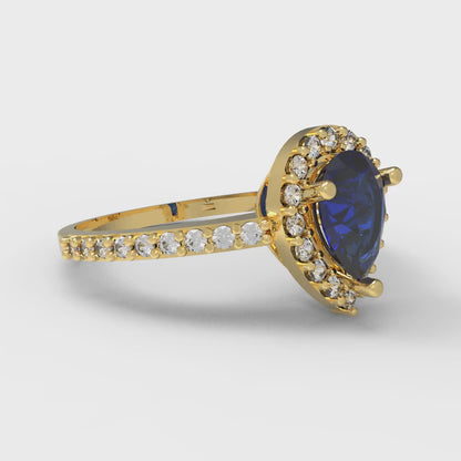 0.755 cttw Simulated Blue Sapphire Solitaire with Zirconia Simulated Diamond Accents Engagement Ring - Solid Gold (Pear Cut,7x5mm )