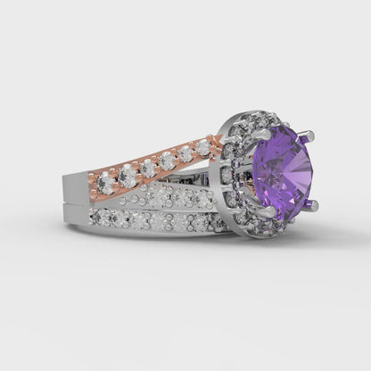 2.32 cttw Round Cut Simulated Alexandrite Bridal Set - Solid White/Rose Gold Engagement Ring & Wedding Band