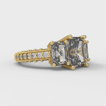 3.61 cttw Moissanite Three-Stone Engagement Ring - Solid Yellow Gold (VVS1, Emerald Cut,8x6mm)